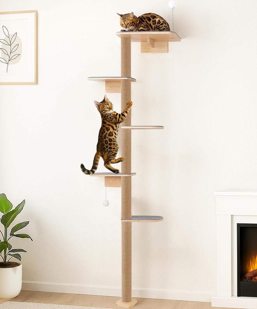 5-Tier Floor-to-Ceiling Cat Tree Tower, Upgraded Grey Felt Kittens Wall Shelves, Rotatable Platforms & 3-Inch Wall Gap, Wild Simulation Kitten Playground