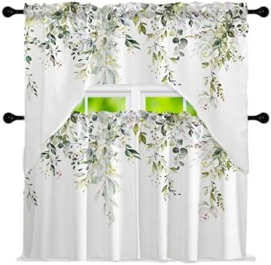Eucalyptus Leaves Curtain and Swag Valance Set Spring Plant Decorative 3 Pcs Window Curtain & Swags Pair Sets Kitchen Topper for Living Room Bedroom