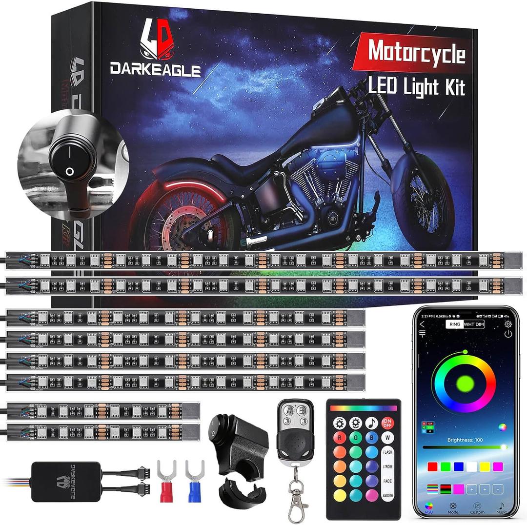 8PCS Motorcycle RGB LED Light Kit with Handlebar Switch Brake Turn Signal, Multicolor Underglow Lights with APP/RF Remote, Neon Strips 12V Waterproof for Sport Bike, Cruiser, Street & Dirt Motorcycle