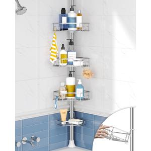 SEIRIONE Corner Shower Caddy Tension Pole, 4-Tier Rust-Free Shower Organizer Corner, Adjustable Shelf for Bathroom Storage, Easy-Install Standing Rack, 34 to 116Inch, Sliver (Silver)