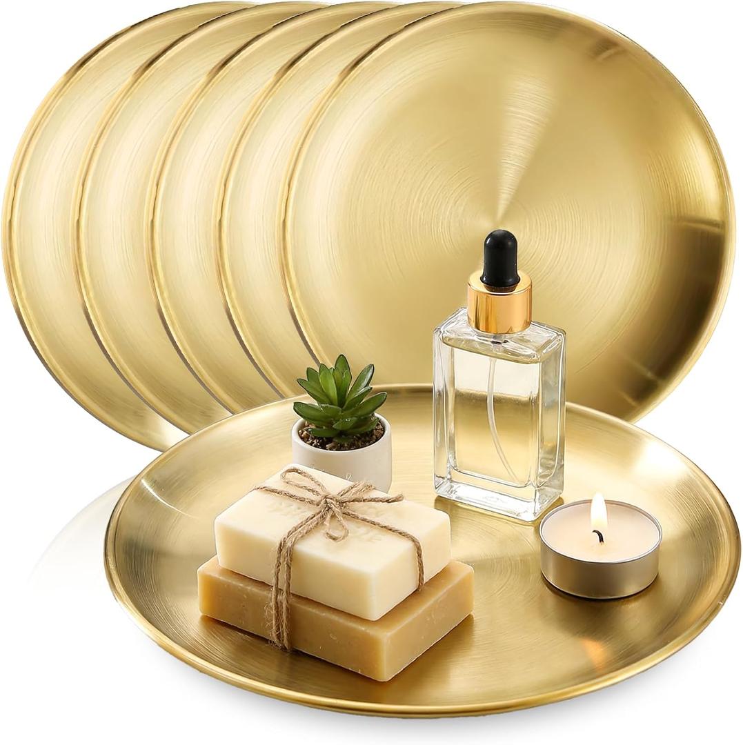 6 Pcs 12 Inch Round Gold Tray - Large Gold Tray Decorative Serving Bar Dish Key Bowl Mirror Dresser Vanity Tray for Jewelry Makeup Organizer, Bathroom, Candle, Perfume, Countertop