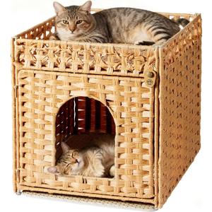 Cat Litter Box Enclosure Furniture - Handwoven Rattan Hidden Litter Box Cover with Mat and Fence, Enclosed Cat Box Furniture for Living Room & Bedroom, Natural Finish, 18.5" x 20.5" x 19.1"