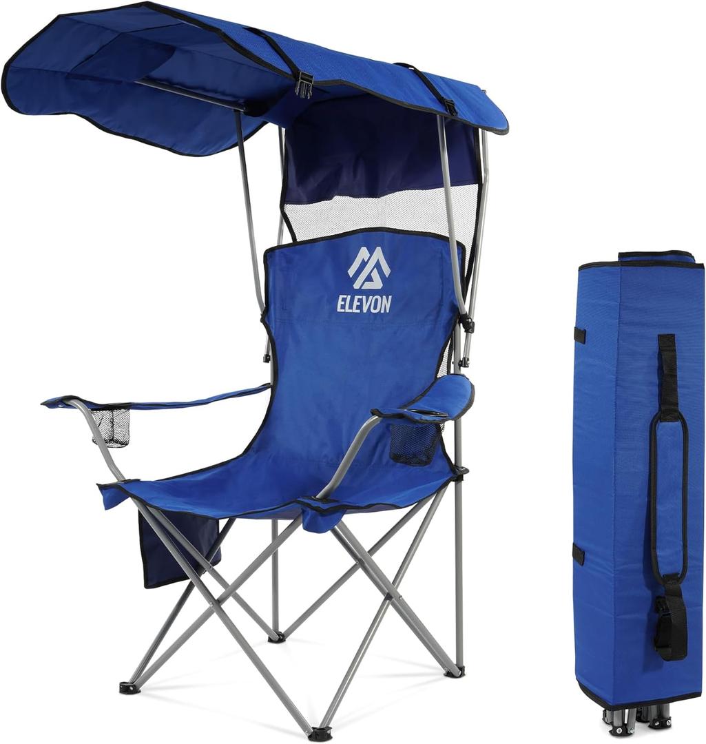 Camping Chair, Oversized Folding Chair with Canopy, Portable Outdoor Chair with Arms, Cup Holder and Carry Bag for Camping, Fishing, Beach, and Sports, Blue