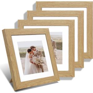 Hongkee 8x8 Picture Frames Set of 4, Made of Glass and Natural Oak Wooden Frame - Display Picture 6x6 with Mat or 8 x 8 Without Mat, 8 by 8 Photo for Wall or Tabletop, 8x8 in