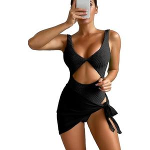 SKAYS Women Hollow One-Piece Swimsuit Solid Color Sexy Twist Pattern Transparent Coverup Two-Piece Set, XL, Small