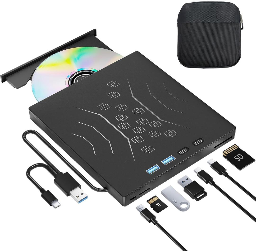 7 in 1 External DVD Drive, External CD/DVD Drive for Laptop USB 3.0 & Type-C, Portable CD/DVD +/-RW Disk Drive, CD/DVD Burner CD ROM External Drive for Desktop PC (External DVD Drive +Bag)