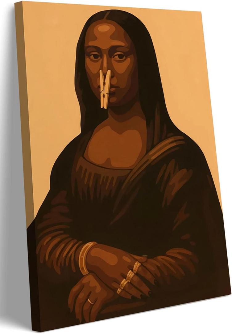 Black Mona Lisa Bathroom Canvas Wall Art Funny Mona Lisa Pinching Nose Wall Decor Painting Pictures Black Woman Poster Print Artwork for Toilet Shower Room Home Decoration Can be hung directly (16"L x 12"W)