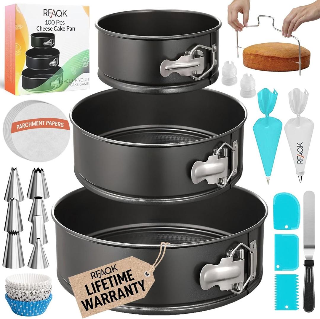 RFAQK 100pcs Cake Pan Sets for Baking + Cake Decorating Supplies: 3 Non-Stick Springform Pans Set (4, 7, 9 inches), Icing Tips, Cake Leveler  Multi-functional Leak-Proof CheeseCake Pan & eBook