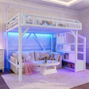 Bellemave Queen Loft Bed Frame with Storage Stairs, Beside Shelf & Wardrobe, Metal Queen Size Loft Bed with USB Ports&LED Light, Large Under-Bed Space Loft Beds for Adults,Teens, Kids, White