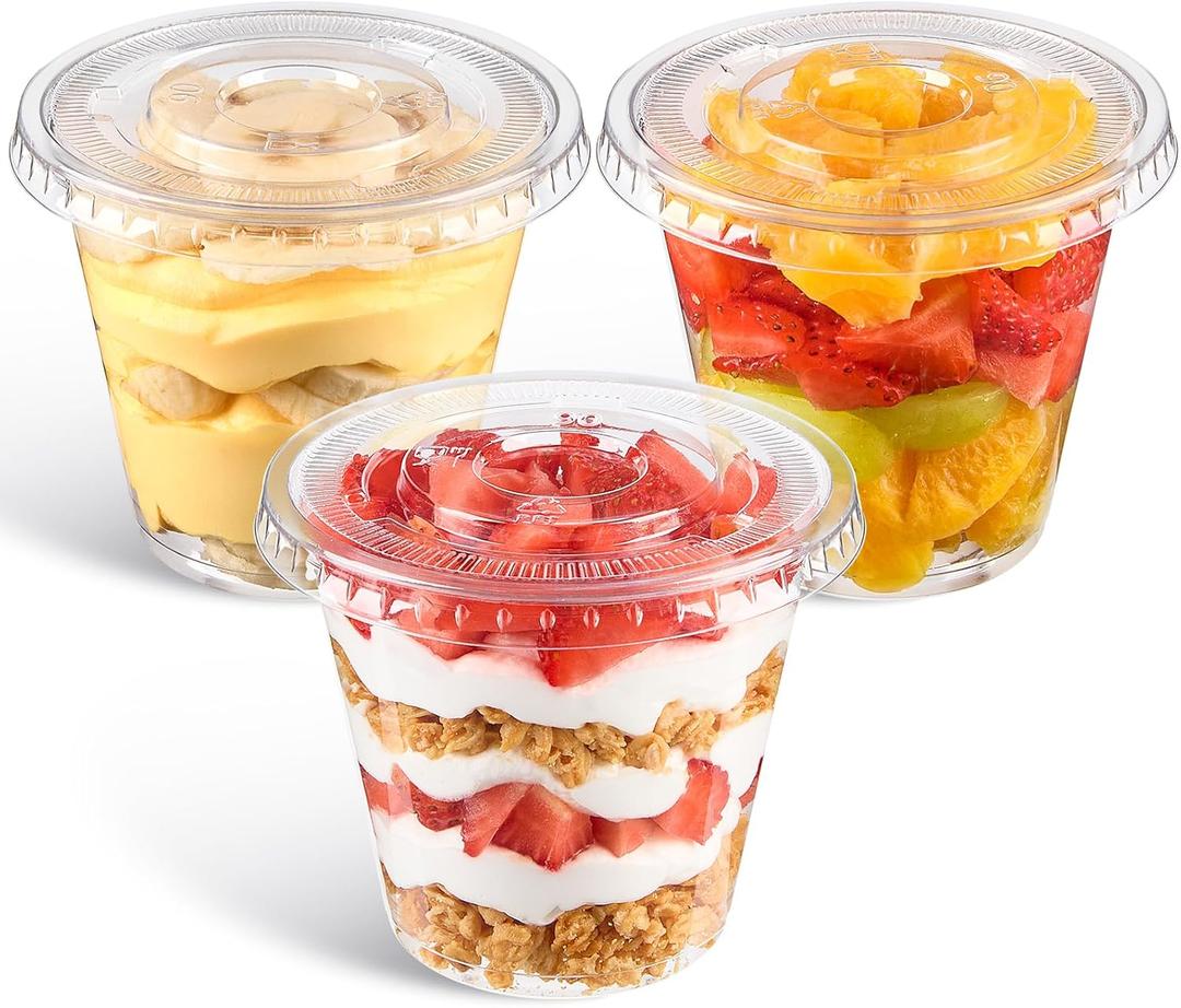 50 Pack 9 Oz Clear Plastic Dessert Cups with Flat Lids No Hole, Small Parfait Cups Mini Round Party Serving Cups for Cakes, Snacks, Fruits, Ice Creams