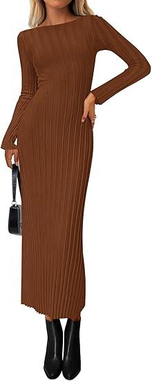 PRETTYGARDEN Womens Sweater Dress Fall 2025 Casual Boat Neck Long Sleeve Pullover Ribbed Knit Bodycon Maxi Sweater Dresses XS