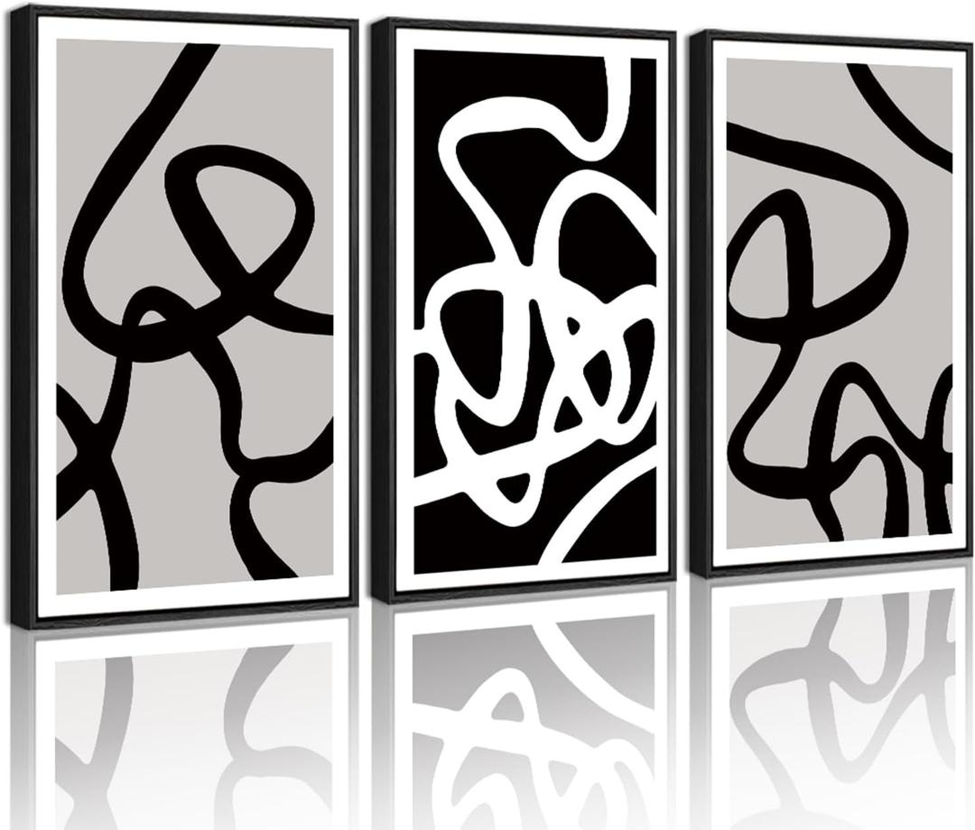 PHOPAGO Black and White Lines Abstract Wall Art Ink Wash Minimalist Framed Canvas Painting Artwork 11x14in Black Framed (11" x 14" x 3 Pcs Black, Black Line)