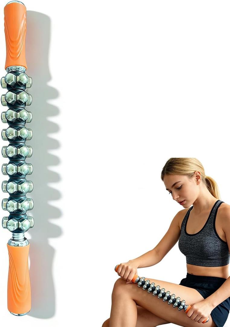 Ice Roller Massager Stick – Deep Tissue Muscle Recovery with 360° Rotating Stainless Steel Beads for Soreness & Stiffness Relief (Orange)