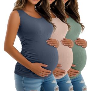 Riyiper 3 Pack Women's Maternity Tank Tops, Sleeveless Cotton Pregnancy Shirts Ribbed Knit Sides Ruched Basic Mama Clothes (Medium, Light Green, Dusty Pink, Haze Blue)