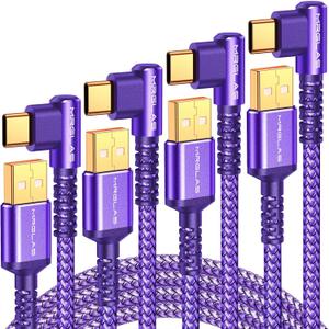 MRGLAS 3.2A USB C Charger Cable, [4-Pack,10+6.6+3.3+1.6FT] USB A to USB C Right Angle Gold-Plated Type C Charger Fast Charge Durable Braided Cord for iPhone 17 16 15 Samsung S10 Note 10 S21 LG-Purple