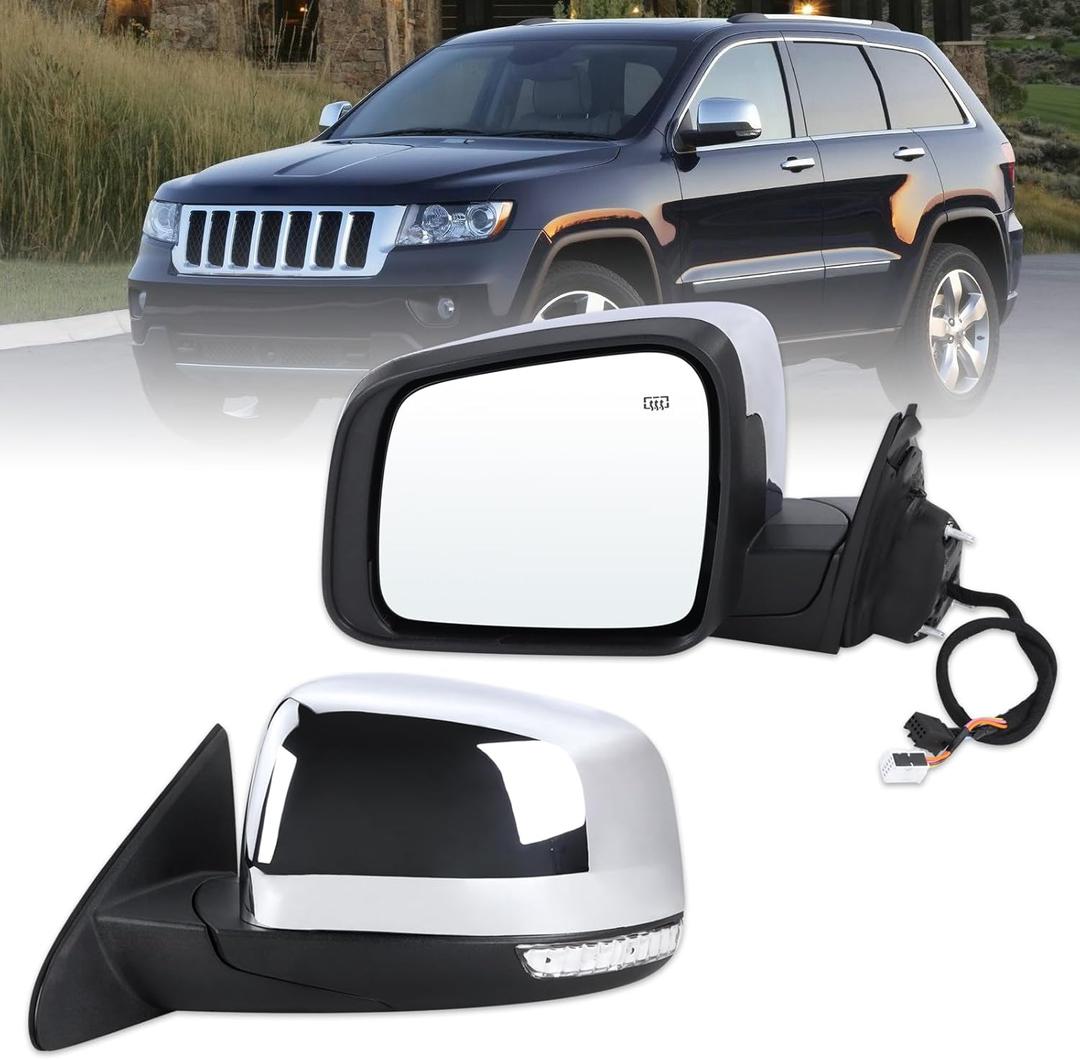 Left Driver Side Mirror Compatible With 2011-2016 Jeep Grand Cherokee With Manual Folding Power Glass Heated Turn Signal Mirror Memory Chrome Replace#68257941AB(11Pins)