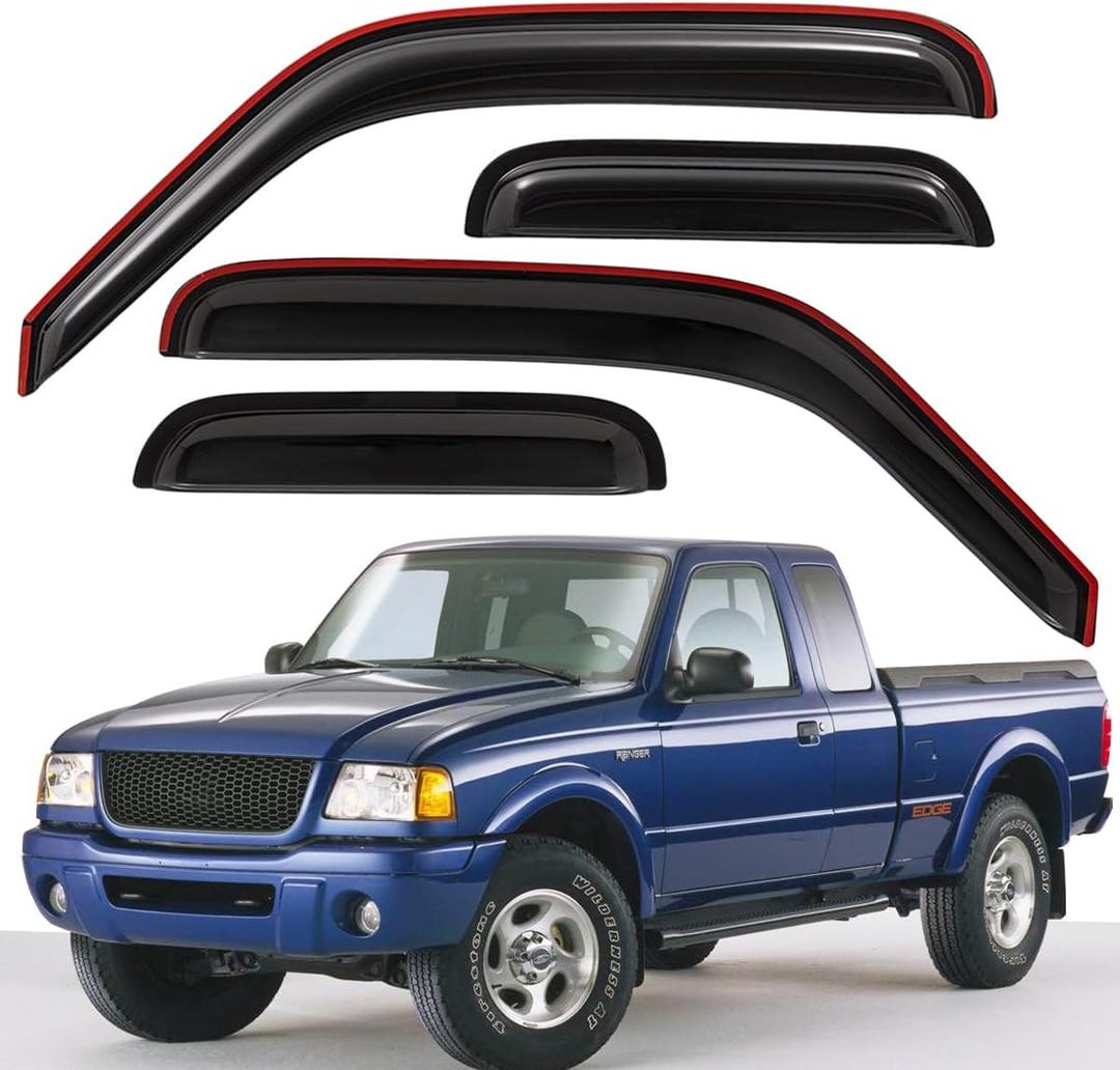 Lightronic Extra Durable Tape-on Auto Vent Window Visor, Fits 1999-2011 Ford Ranger SuperCab w/Fixed Rear Window; 1999-2010 Mazda B-Series Ext. Cab, UV Protect Rain Guard Wind Deflector, Smoke, 4-Pcs