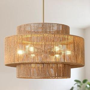 24"Large Boho Rattan Farmhouse Chandeliers for Dining Room,6-Light Hand Woven Pendant Light Fixture, 3-Tier Rustic Wicker Drum Chandeliers for Living Room, Kitchen Island, Entryway,Hallway, Foyer