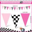 Gersoniel 5 Pcs Racing Car Party Decorations Pink Black Checkered Triangle Flags Pennant Banner Race Car Garland Streamers for Girls Race Themed Birthday Baby Shower Outdoor Party Supplies