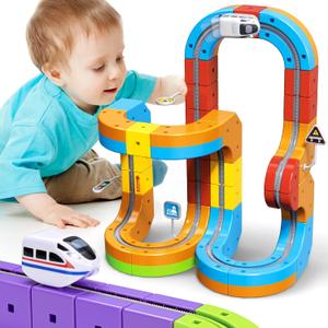 KlickRail Electric Train Set Flexible Race Track for Kids 4 6 7 8, 48 Pcs Car Track for Toddlers 3-5, Building Toy Train Track Gravity-Defying 3D Embedded Layouts & Motorized Car, STEM Learning Gift