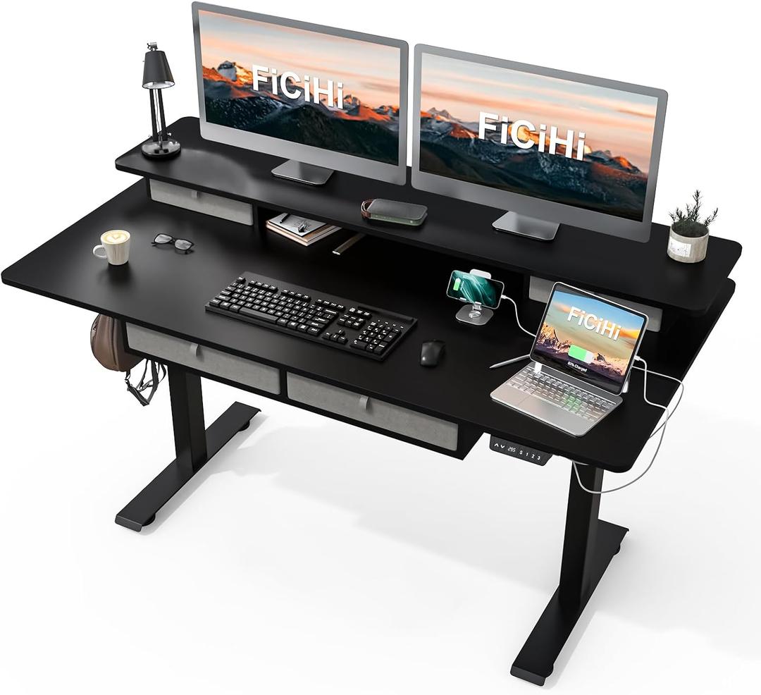 FiCiHi 55x30Inch Standing Desk with Drawers,Electric Height Adjustable Desk | Computer Sit Stand Desk,Large Workspace, 30 Inch Deep Home Office Desk with Monitor Stand, USB Charging Port,Cable Management : Home & Kitchen