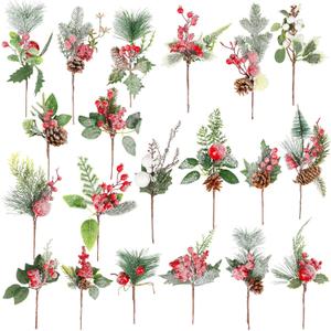 CCINEE Artificial Christmas Picks 20 Pack Assorted Holly Berry Stems Frosted Pine Cones Faux Red Berries White Floral Picks Sprays for Xmas Tree Vase Crafts Garland Christmas Wreath Decoration