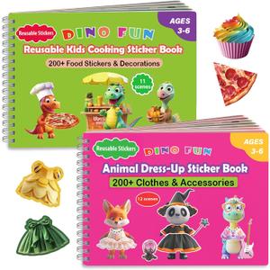 Dino Fun 2-in-1 Reusable Sticker Book for Kids Animal Dress-Up & Cooking Play, 23 Scenes, 500+ Stickers, Fun Activity Book for Toddlers Ages 3+, Removable Sticker for Boys & Girls, 8.3" x 5.7" x 0.4"