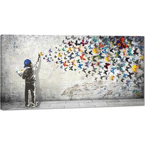 Home Decor Graffiti Canvas Wall Art for Living Room Boy Painting Butterflies Pictures Modern Street Graffiti Artwork Prints, Framed 40" x 20"
