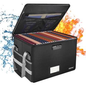 ENGPOW File Box with Lock,Fireproof Document Box with ZipperPockets,Collapsible File Organizer Filing Storage Cabinet with Handle,Portable Home Office Safe for Hanging Letter/Legal Folder,Black