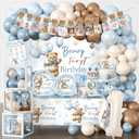 232 Pcs Beary First Birthday Decorations, Teddy Bear One Year Old Birthday Balloon Garland, Banners, Baby First Teddy Bear Backdrop, Plates and Napkin Set 2 Pcs Bear Tablecloth Blue Brown and White