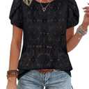 OFEEFAN Blouses for Women Dressy Casual Petal Short Sleeve Shirts Crochet Lace Boho Tops Spring Fashion Summer Outfits (Medium, Black)