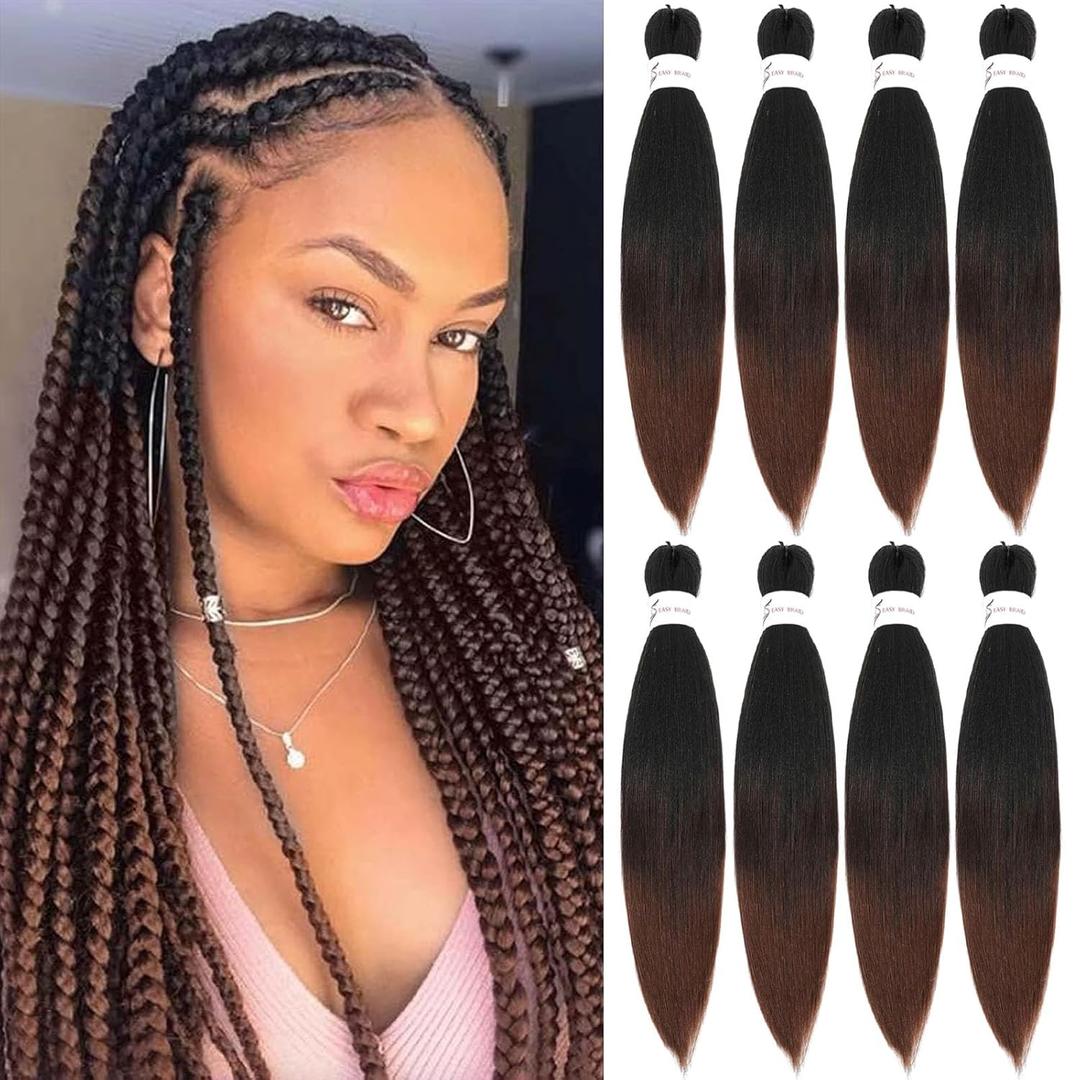Ombre Braiding Hair, 26 Inch 8 Pack Pre Stretched Braiding Hair For Black Women, Hot Water Setting Soft Yaki Texture Synthetic Crochet Braids(26in,T1B/4/30#,8pc