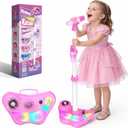 Kids Stand Karaoke Machine Toys for 3 4 5 6 7 8 Year Old Girls Gift, Kid Rechargeable Microphone Toddler Birthday Gift Singing Toy for Girl Ages 3-5 4-6, Portable Bluetooth Speaker with 2 Mics (Pink)