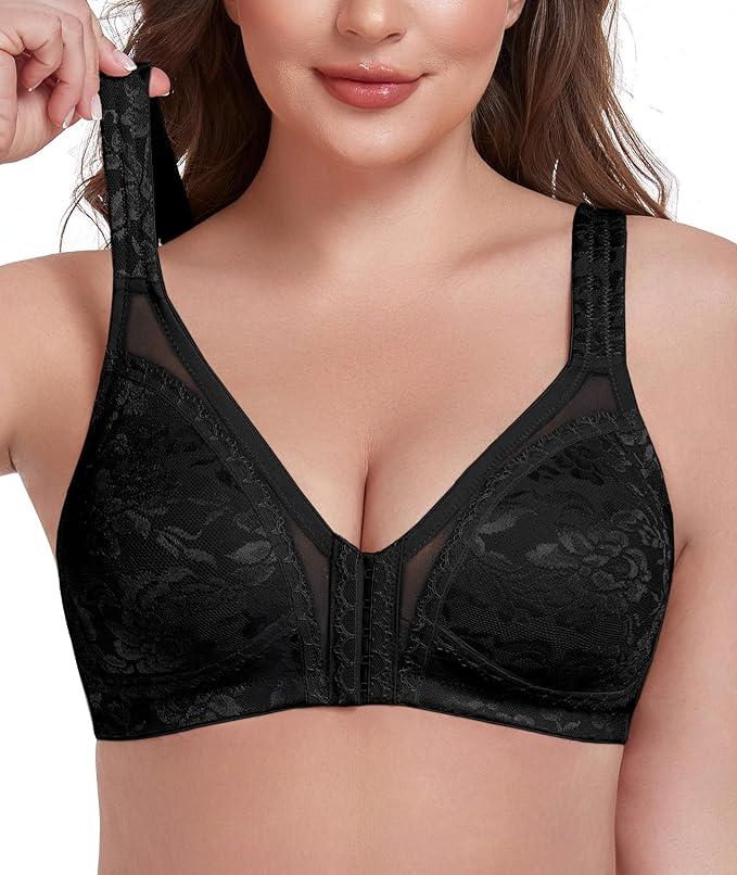 UPGAMR Front Closure Bras for Women Back Support Posture Comfort Wirefree Non Padded Plus Size(Black,42DD)