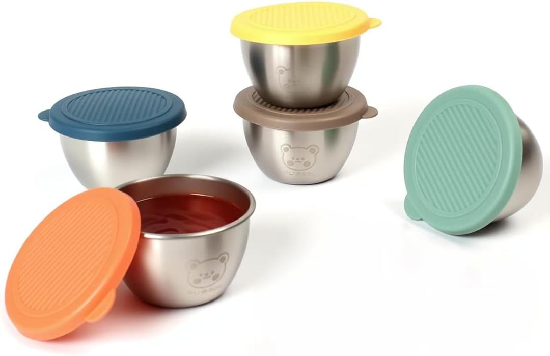 5x2.2oz Salad Dressing Containers With 6-Color Lids, Small Condiment Containers with Leakproof Silicone Lids, Reusable Stainless Steel Sauce Cups,For Lunch Boxes,Picnics,Meal Prep and Storage