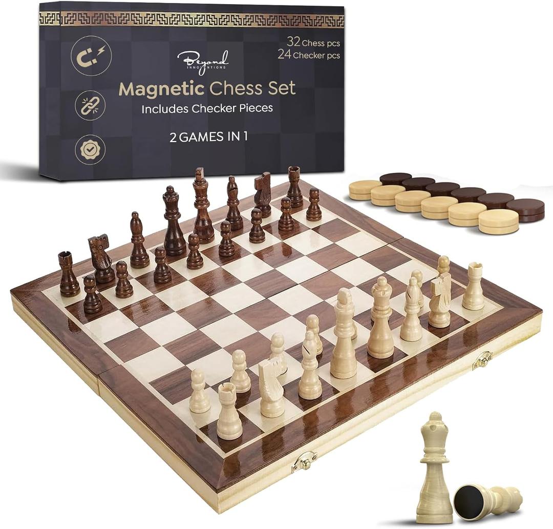 Wooden Magnetic Chess & Checkers Board Game, 15 Folding Chess Board | Solid Wood 2-in-1 Chess Sets for Adults with Storage Box, 2 Extra Queens, Portable Travel Chess Set for Kids & Beginners