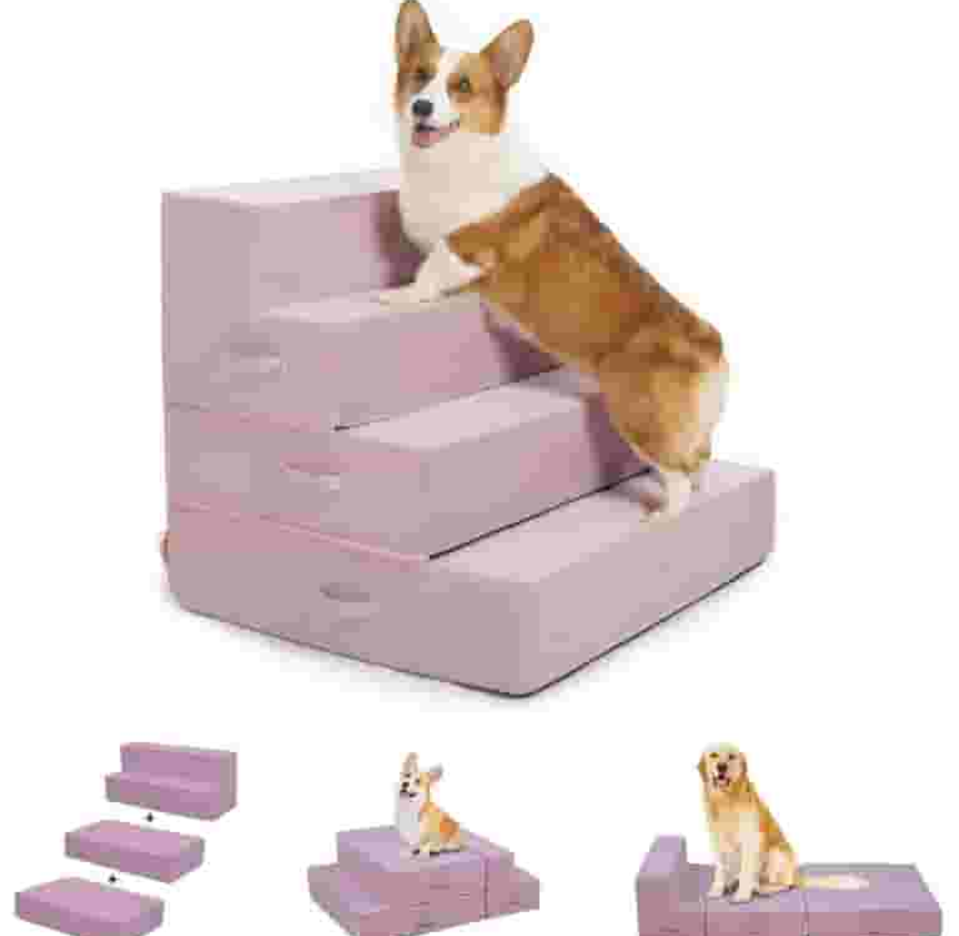 Multi-Function Pet Steps for Small & Medium Dogs, Extra-Wide (28") for Stability, Adjustable Heights for High Beds & Sofas, High-Density Foam, DIY into Various Dog Bed Sizes, 4 Steps, Warm Pink.