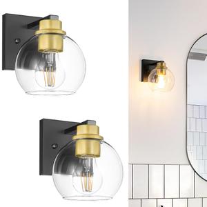 Hardwired Black and Gold Wall Sconce Set of 2, No Battery/Rechargeable! Modern Bathroom Sconce Wall Lighting with Clear Glass, Wall Light for Bedroom, Mirror, Living Room, Hallway