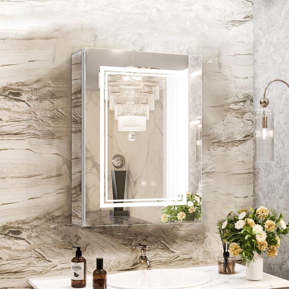 High-End Led Medicine Cabinet, Lighted Medicine Cabinet,3 Colors & Dimmable, Demister, Lighted Glass Shelf, USB Shaver Socket Surface Mount or Recess Mount, 1624inch