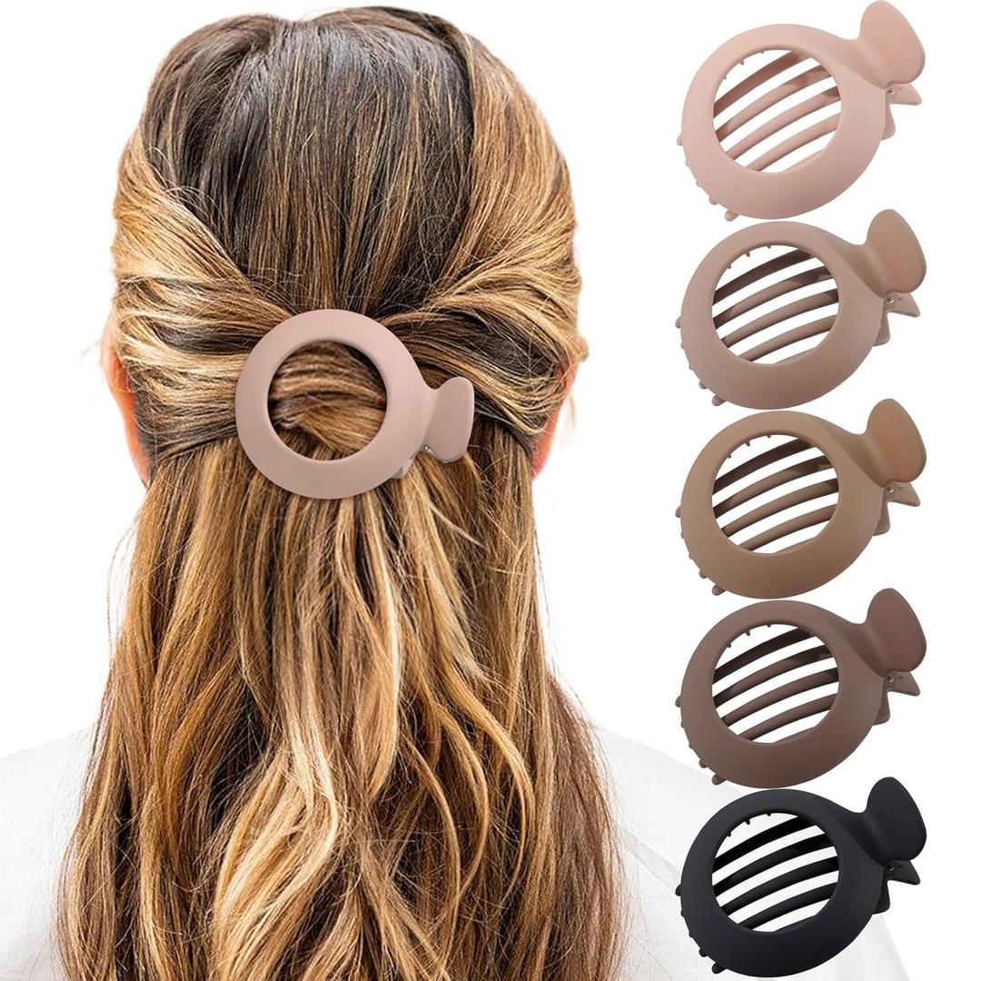 AWAYTR 5Pcs Flat Claw Hair Clips for Women with Thin & Thick hair, Non-slip Round Jaw Clamp for Lying Down Hollow Hairpin Clips (Matte Neutral, S for Thin Hair(L:3"*W:2.4")