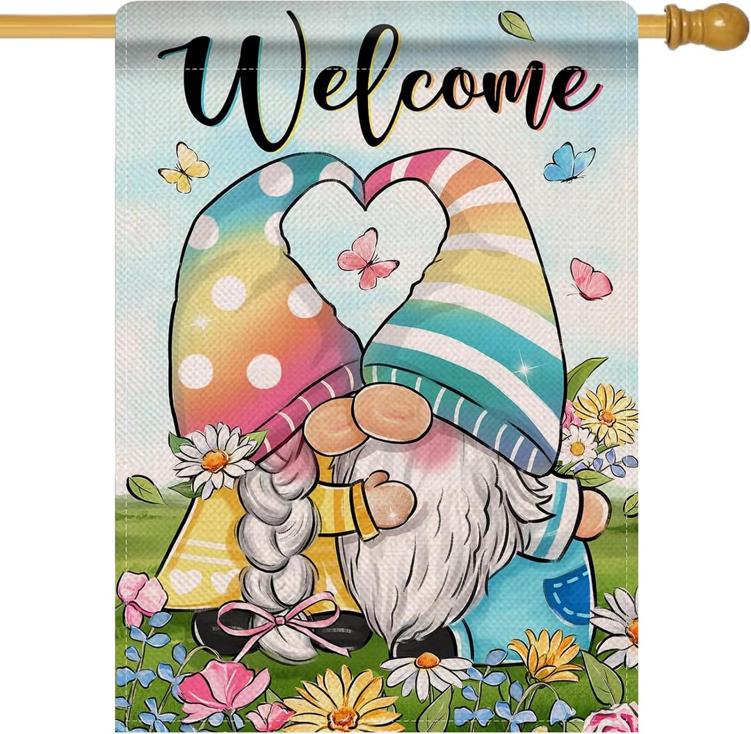 Artofy Welcome Spring Summer Rainbow Gnome Large Decorative House Flag, Daisy Flower Butterfly Yard Garden Outside Decor, Seasonal Burlap Outdoor Home Decoration Double Sided 28 x 40