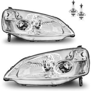 Headlights Assembly W/Bulbs for 2001-2003 Honda Civic 2/4Door | Headlights Assembly with High/Low Beam Bulbs, Headlamp Replacement, Chrome Housing Driver & Passenger Side