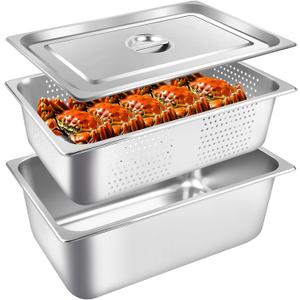 3 Pack Full Size 6 Inch, 8 Inch Hotel Pan with Lid Perforated Steam Table Pan Chafing Pans Steam Table Tray Stainless Steel Restaurant Supplies for Buffets Catering Commercial Kitchen