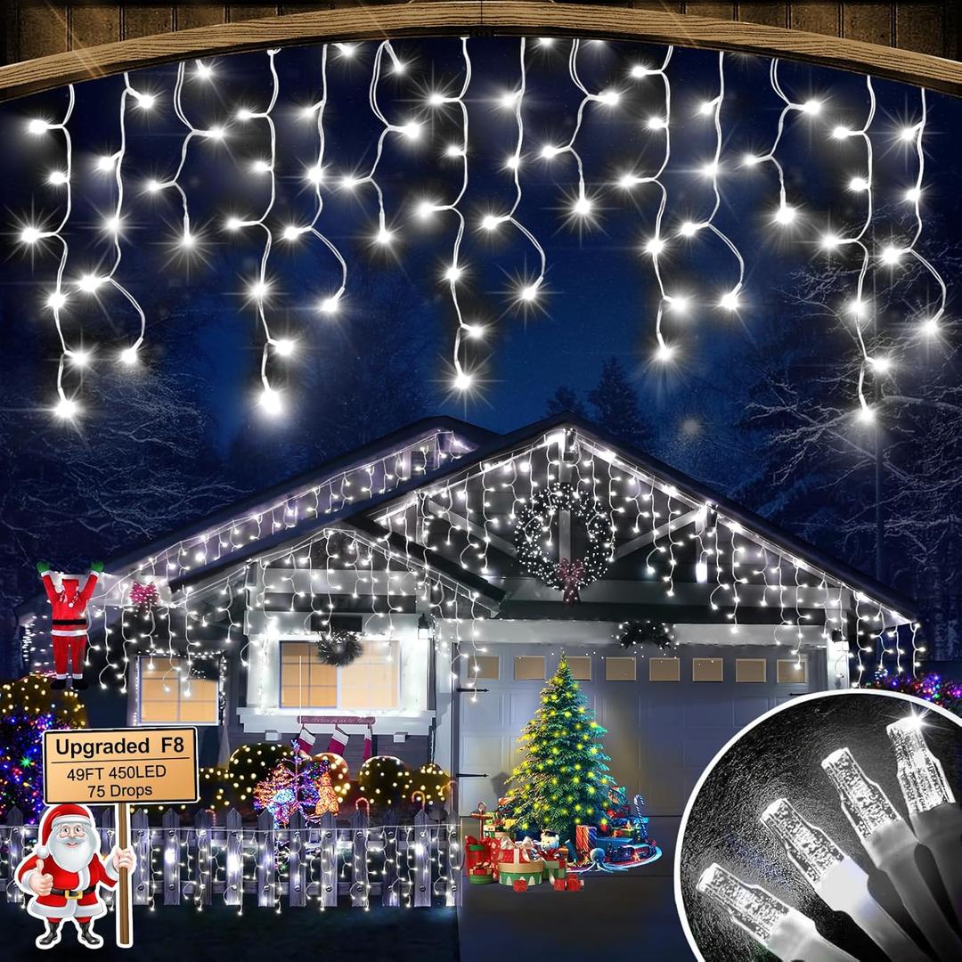 Christmas Lights Outdoor, 49FT 450 LED Ice Lights for Outside, Ice String Lights with 8 Modes, Waterproof Timer Memory Hanging Light for Eaves Party Yard Garden(Cool White)
