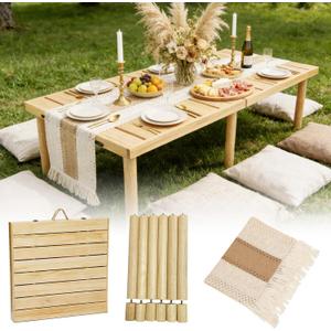 48" X 24" Boho Low Picnic Table, Portable Wooden Picnic Table with 3 Adjustable Heights, Natural Pine Wood Floor Table for Camping, Weddings, Beach & Family Gatherings, Seating for 2-4 People
