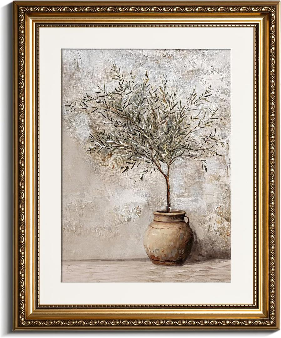 InSimSea Gold Picture Framed Wall Art, Living Room Vintage Olive Tree in Vessel Wall Decor, Still Life Botanical Canvas Print Art, Home Farmhouse Decor, Antique Paintings with Frame 13x16inch
