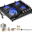 24 Inch Gas Cooktop, 4 Burner Gas Stove Top, Built-In or Countertop Design, Black Tempered Glass, NG/LPG Convertible, Flame Failure Protection, Ideal for Home Kitchens, RVs & Compact Spaces