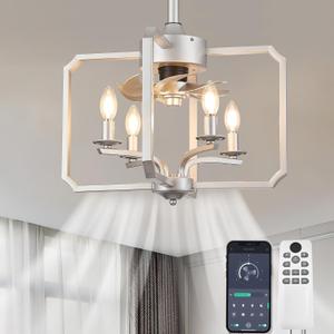 Chandelier Ceiling Fan, 20" Farmhouse Fandelier Ceiling Fans with Lights, Rustic Hanging Geometric Pendant Light Fixture for Bedroom, Dining Room, Kitchen Island, Foyer, Hallway-Silver