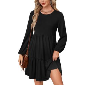 LYANER Women's Long Sleeve Crewneck Ruffle Hem Tunic Dress High Waist Ruffle A Line Tiered Mini Dresses (Black, L)