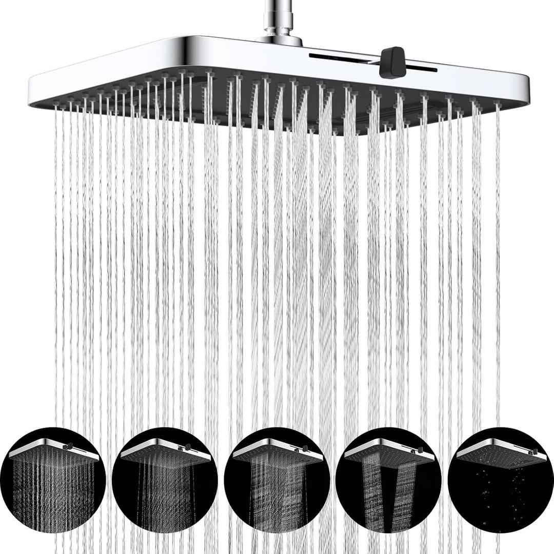 Hibbent 5 Spray Modes Shower Head, 13'' High Pressure Rain Shower Head, Large Rainfall Showerhead for Bathroom, High Flow Waterfall Fixed Showerheads with Adjustable Swivel Ball Joint, Chrome